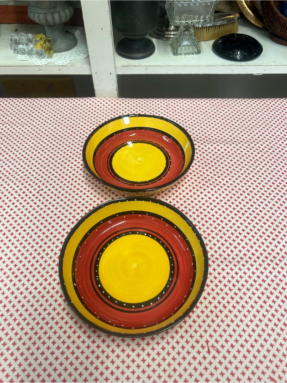 Tabletops gallery pasta salad bowls bohemian stripe red yellow hand painted